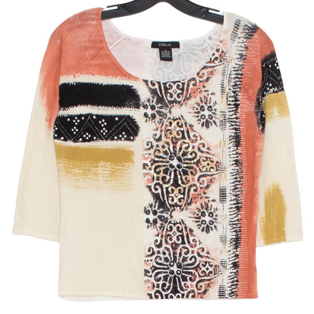 CDP Womens Top 3/4 Sleeve Sequin Embellished Boho Eclectic Casual Art Medium ET